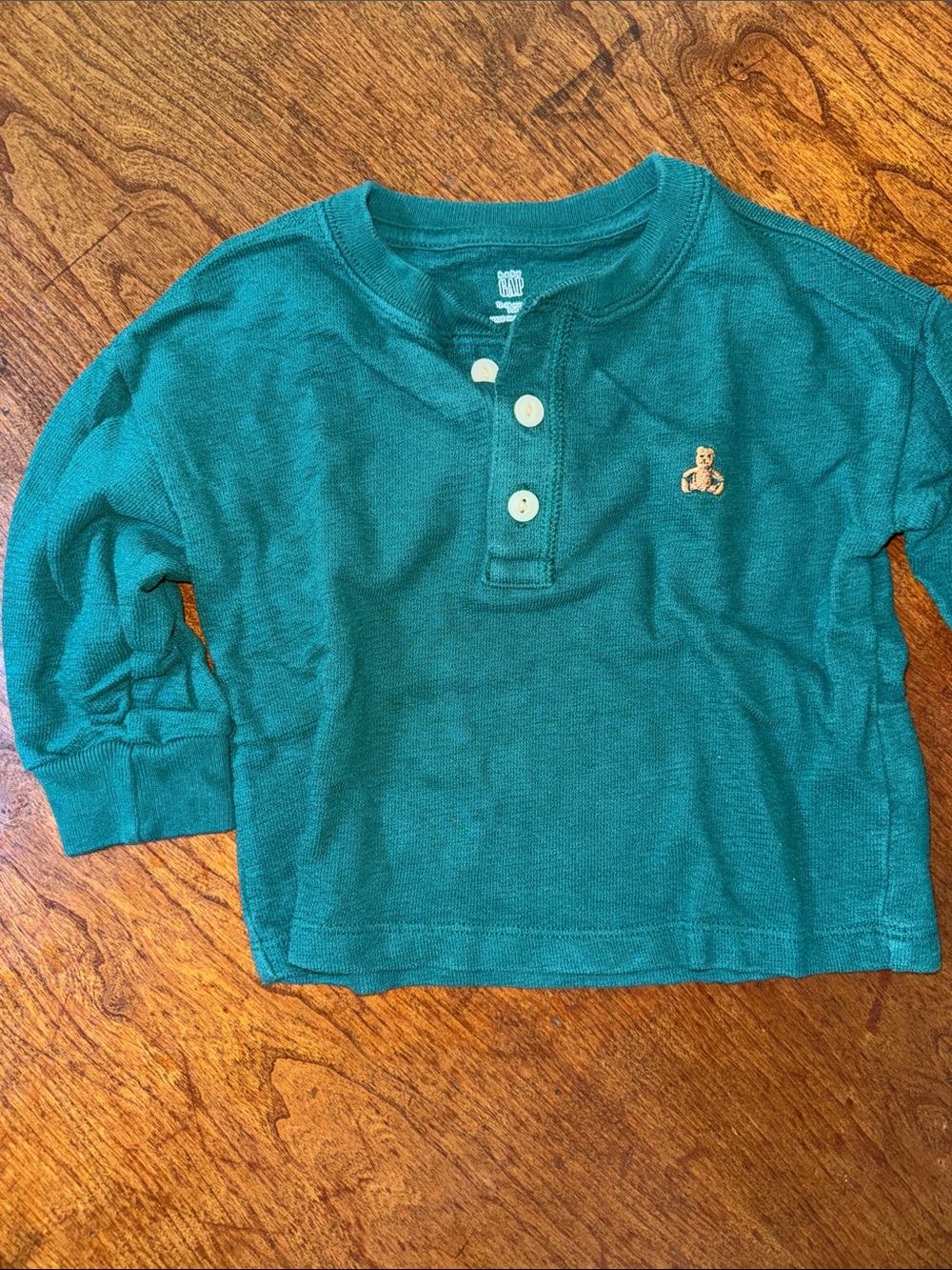 GAP Green Long-Sleeve Henley with Bear Embroidery